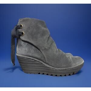 Fly London Yama Wedge Boots Women's SZ 38 Gray Suede Slouchy Lagenlook Comfort